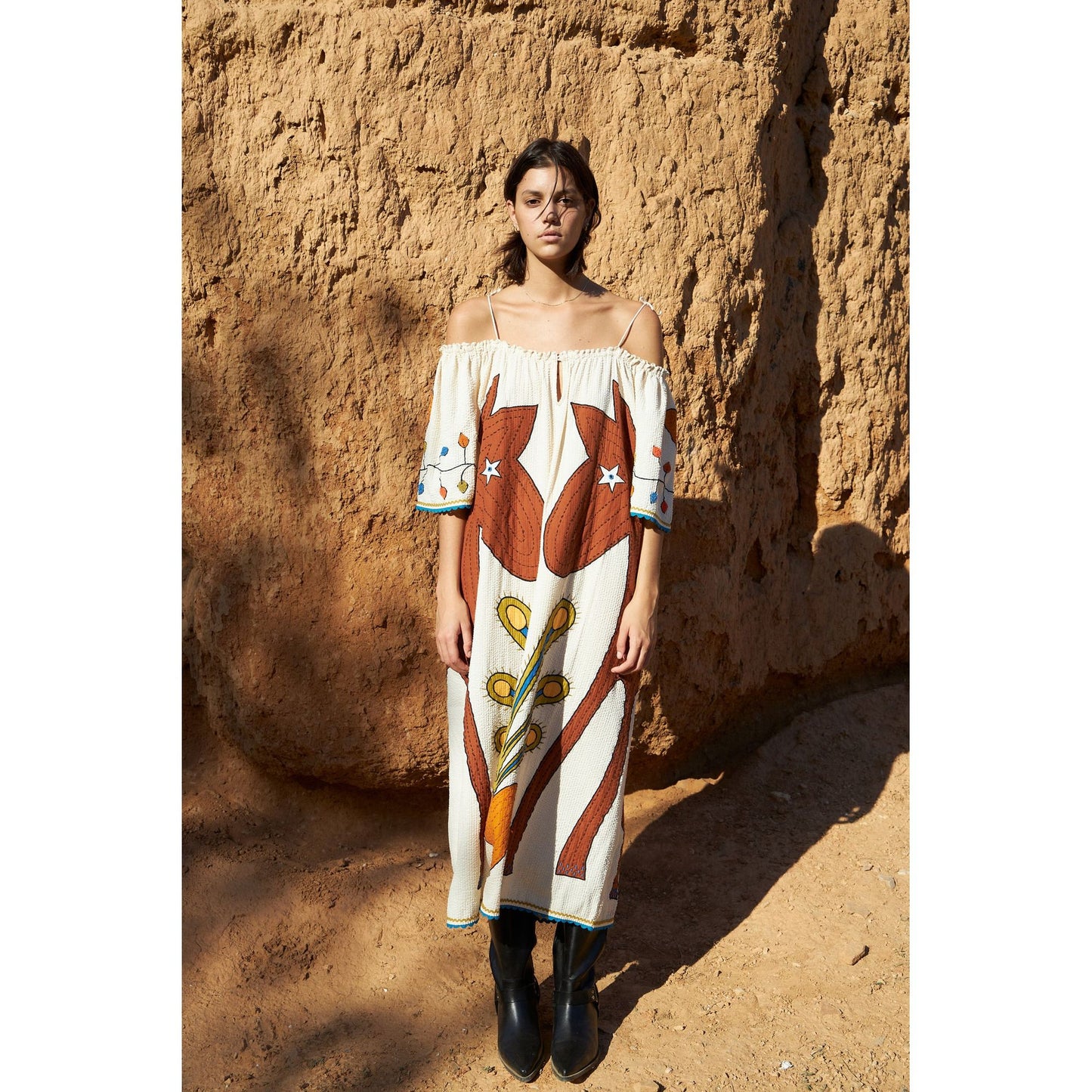 Embroidered strap midi dress - Ivory
